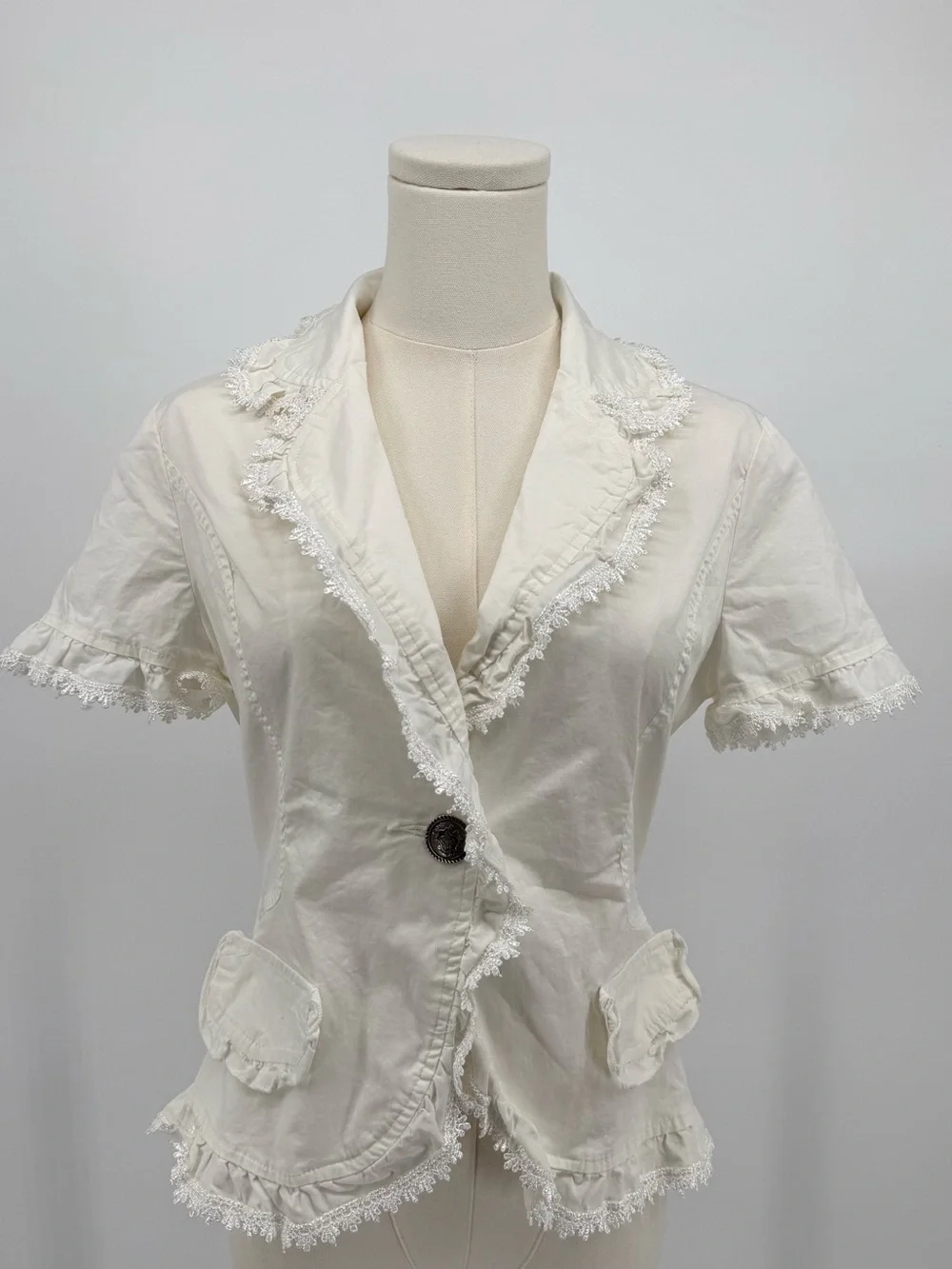 Kelly USA Vintage White Fringed Short Sleeve Blazer Cotton Cream Large